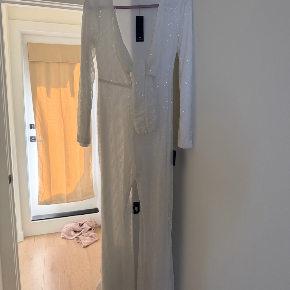 Luminous Style White Sequin Tie-Front Long Sleeve Jumpsuit - Picture 3 of 4